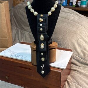 Elegant Black & Gold Mens Tie & Pearl Necklace